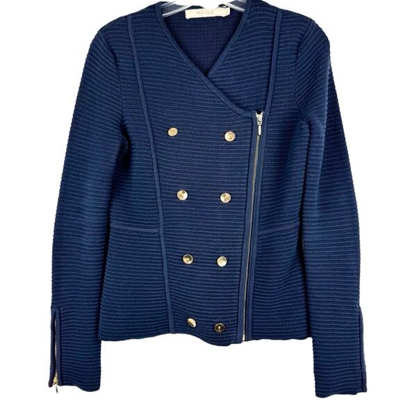 REISS Ribbed Textured Asymmetric Zip Front Sweater Jacket Navy S Preppy Minimal - Picture 1 of 12
